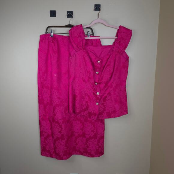 Vintage Dresses & Skirts - Vintage Sleeveless Button Front Blouse with Midi Pencil Skirt Pink Jacquard 38